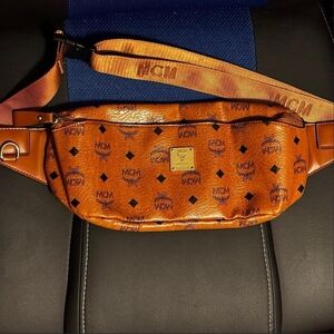 MCM Cognac Logo Visetos Adjustable Belt Bag